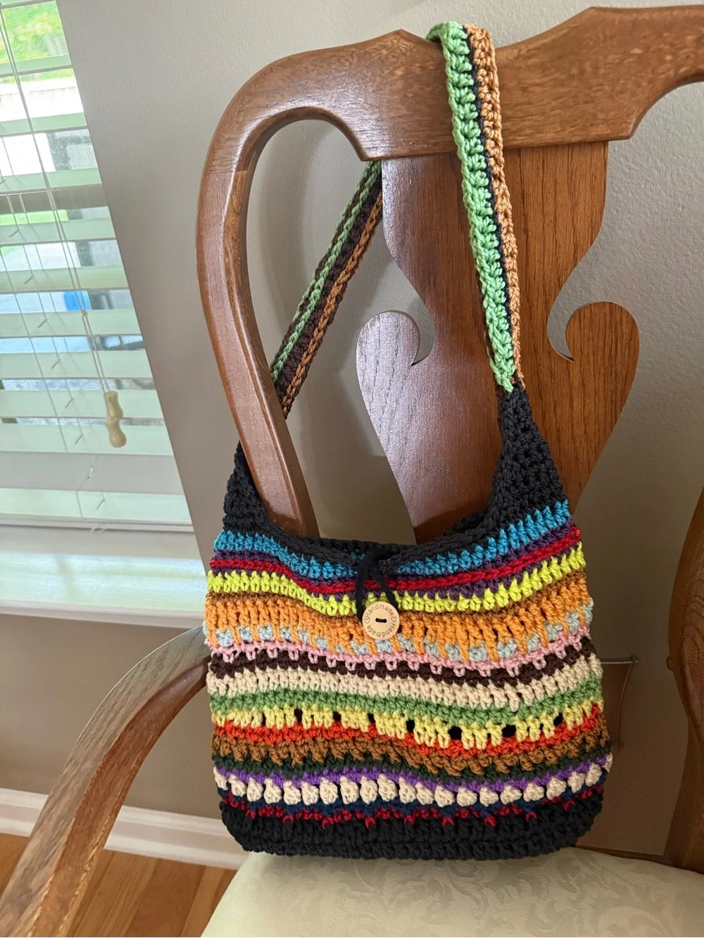 Handmade Multicolor Crochet Boho Shoulder Bag with Button Closure